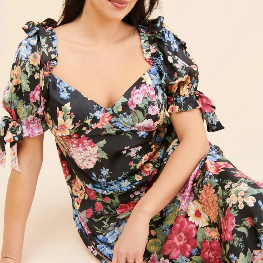 Selkie Floral Poet Slip Dress - Black, Pink, Blue, Green, Silk - Picture 3 of 8